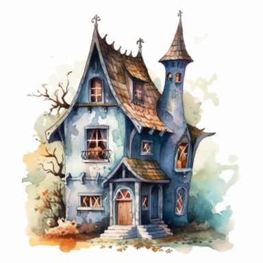 watercolor witch house, vintage style witch house, super high quality, professional watercolor clipart, high resolution, clip art, animals on the sides