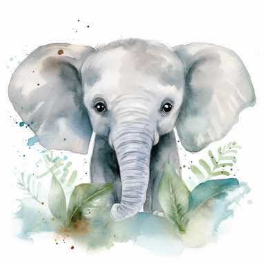 A delightful and charming watercolor clipart of an adorable baby elephant, designed for commercial use. This heartwarming composition captures the innocent charm of the African Safari Zoo animal, set against a crisp white background that accentuates its d