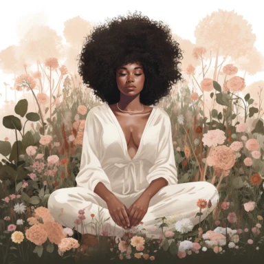 llustration of black woman, with an afro, boho modern aesthetic, cottagecore, avacadopunk, surrounded by florals, sitting in a meadow, flawless line work, low detail, clipart, white background