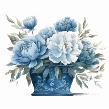 detailed watercolor rectangular a bunch of blue peony in wide low ceramic vase, realistic, clipart