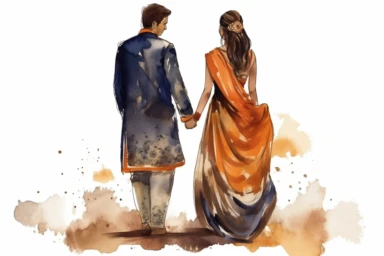 hindu groom and bride in love watercolor clipart illustration back view on a white background