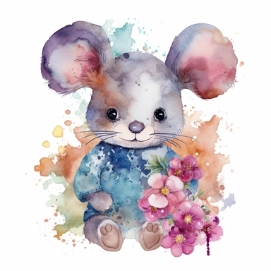 watercolor stuffed toy mouse with flowers, clipart , cute, alcohol ink, splatter effect