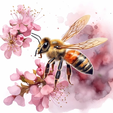 watercolor art of honey bees on flowers, in the style of realistic and hyper-detailed renderings, sketchfab, ahmed morsi, realistic watercolor paintings, use of common materials, handcrafted designs clipart
