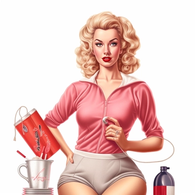 beautiful pretty pin up woman, makeup and hair 50's style, diferent poses,with gym clothes, and gym stuff paint art style, detail, clipart, white background, superrealistic, one of a kind