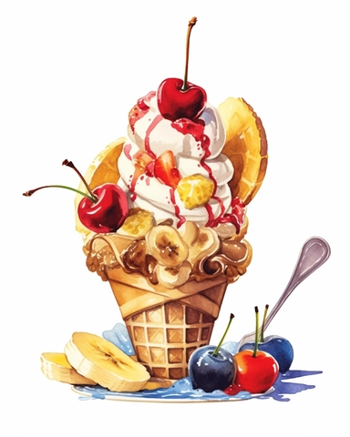 banana split with ice cream on top, watercolor, on white background, clipart