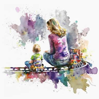 Amazing Happy Mom and Baby playing train Toy, back view in watercolor style clipart, use darker tones, higher saturation colors, watercolor clip art with splashes and drips, super creative watercolor, white background