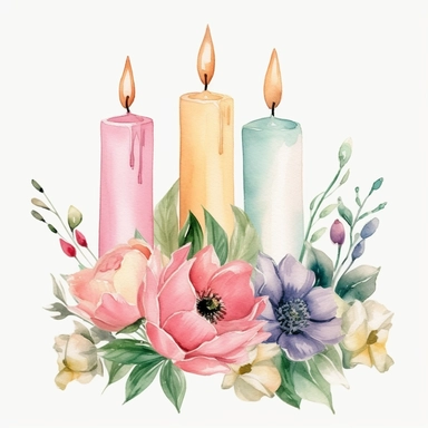 three candles, flower bouquet, pastel colors, watercolor style, white background, clip art