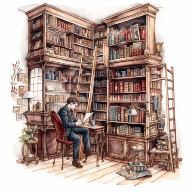 watercolor, hyper realistic, white background, white margins, 16k, ultra detailed clipart, cut out image, hand-drawn, whimsical a Victorian person writing a letter with a quill pen in a Victorian-style library, surrounded by bookshelves and a ladder, with a color scheme of burgundy and warm beige.