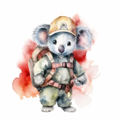 Create an inspiring watercolor clipart image with a white background, portraying a courageous cute cartoon koala firefighter with a backpack and rope