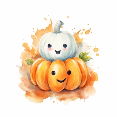 vector watercolor cute Halloween pumpkins with cute face with a ghost clipart, cute happy Halloween pumpkin with a ghost, photorealistic, detailed watercolor style, on white background