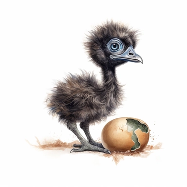cute Emu baby, Emu playing, Emu baby with broken shell, clipart, white background