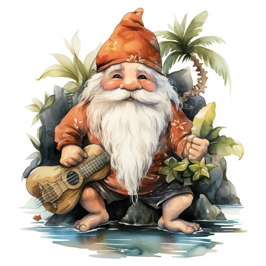 gnome on surf board in Hawaii beach outfit, vibrant color, clipart, watercolor illustration, white background