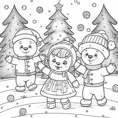 Coloring book page for kids, a Christmas tree, cute little bears in human costume, wearing Christmas hat, laughing, build a snowman, clipart, cartoon kids style hand drawn line art, black and white