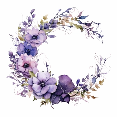 beautiful watercolor floral wreath with decorative elements, purple, flowers, leaves, clipart, isolated on white background, bojo, vintage, lithograph, 32k uhd, texture