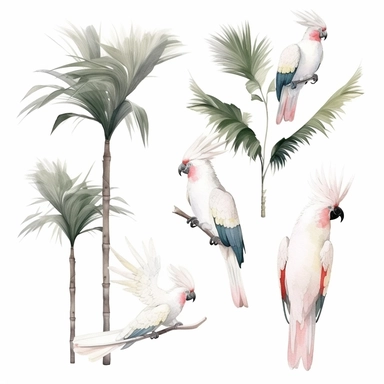 Palm Cockatoo Clipart set, watercolor style, minimalist, isolated white background, 8k