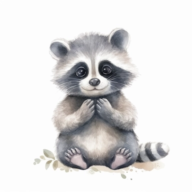 a harmonious baby raccoon with kind eyes clipart with watercolor illustration,full body shot,8k,etsy style, white background