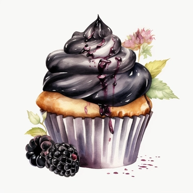 watercolor black berry cupcake clipart, hd