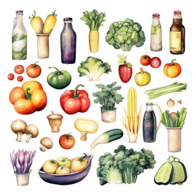 watercolor, set. Vegetables, fruits, milk, mushrooms and fish collection. Natural organic nutrition. Fresh vitamin grocery products png Full body realistic cartoon in 32K UHD cute. 15 cm thick outline. Black color. There was no shadow on the ground. 8k with realistic watercolors and detailed illustrations. PNG clipart, transparent white background
