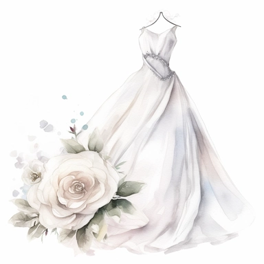 watercolor elegance Wedding dress clipart, with white roses, charming jewelry, hd, isolated on white background, space out