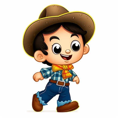 a cute little boy dressed for a brazilian junina party, with jeans, cowboy boots, long-sleeved plaid shirt, happy, Monica's gang style, Graphics Maurício de Sousa, on white background, big eyes, clipart, cartoon, inkley studio, smiling,