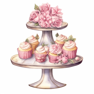 watercolor ultra realistic and hyper detailed illustration of a cupcake stand with vintage pastel pink flower cupcakes, clipart, white background