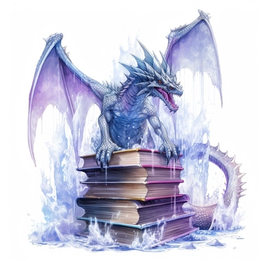 Solid white background, Detailed watercolor open ancient wizard magic book with a Ice dragon climbing out of the book's pages, clipart. The lauguage on the books pages is ancient sumarian.