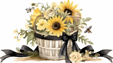 Sunflower basket with black and white bow, bumble bee, wooden wheel, pitcher. Watercolor Farmhouse style illustration. Vintage french country design. Rustic yellow flower clipart