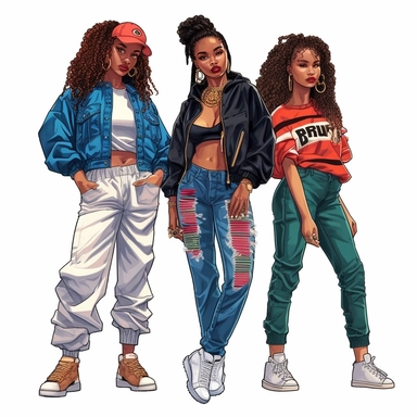black, African American girls wearing retro 1990’s style urban streetwear fashion clipart, watercolor style, hyper realistic, detailed, white background