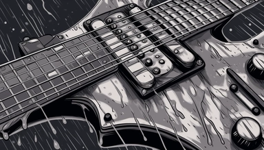 ultra sharp clip art illustration of an classic guitar, extreme closeup, rainy waters, black scaled and realistic drawing with ink and charcoal, HD, UHD resolution, 8k