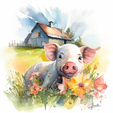 Visualize a clipart-style watercolor illustration of a close up of detailed piglet lounging in the sun amidst the rural charm of a farm, surrounded by wildflowers on a sunny days, set against a clean white background. Use bright, pastel colors, ensuring the colors pop against the stark white backdrop. The direction of the piglet's gaze and the edge of the barn in the background should serve as leading lines, adding depth to the scene. The composition should place the pig centrally, emphasizing i