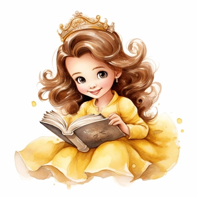 Toddler princess belle cartoon watercolor, with a book, round face delicate her long hair sharp and detailed her outfit like the original princess, character should be well drawn with soft tones a very clear smile confident and a head lightly painted in watercolor the character is a one year old baby should be on a white background clipart
