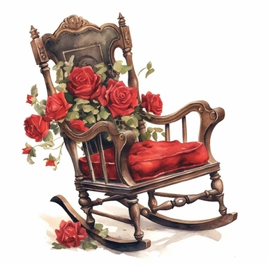 A weathered Victorian rocking chair, its worn wood and faded upholstery telling tales of cherished moments. An abundance of vibrant red roses adorns the chair, adding a touch of natural beauty and romance. White background, clipart, watercolor, intricate detail.