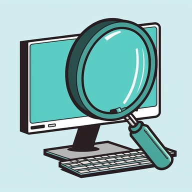 magnifying glass examining a computer, vector art, shade of cyan, #17E6E6, adobe illustrator, clipart, thick clean outlines, no background, 100% white background. clean, simple, 2D