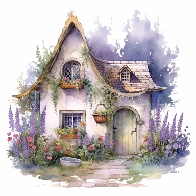 watercolor mixed media masterpiece beautiful white cozy small house with violet door, richly decorated with lupine, pots with flowers, overgrown with moss, the garden at the back of the house, provence, golden accents, shabby shic style, by Rodney Matthews style and by Daniel Ridgway Knight style and by Nicholas Hely Hutchinson style, Baroque style, PNG clipart, isolated on white, extreme photorealistic details, 32k HD resolution, realistic high detailization high resolution