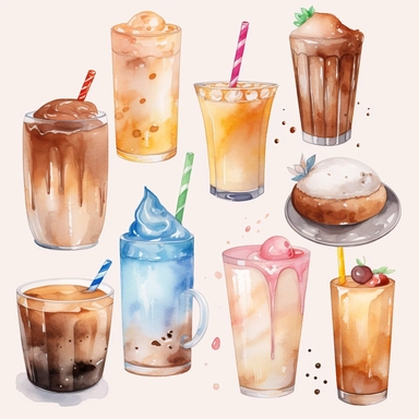 Milk, Soft Drink, Coconut Water, Coconut Milk Shake, Iced Chocolate, Hot Chocolate, Iced Cocoa, Macchiato, Squash, Caramel Latte, Caramel Macchiato, Bubble Milk Tea, Black Tea, white background, clipart, Object, vector collection, hd, watercolor