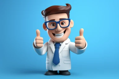 Unique and eye-catching 3D render of a cartoon doctor with glasses, displaying a thumbs up gesture. Isolated on a blue background, this medical clip art conveys the concept of the best choice and health care recommendations in a visually appealing manner , Transparent white background, png, stock photo, high resolution,