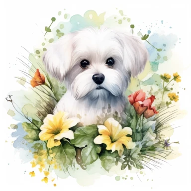 An intricately detailed watercolor clipart illustration displaying an ultra-realistic [specific design idea, like Adorable cute beby Maltese sits, grass and flowers on the back of the puppy  ], isolated on a white background, in the style of ultra-detailed watercolor clipart illustrations, HDR watercolor clipart illustrations, 32K watercolor clipart illustrations, hyperrealistic watercolor clipart illustrations, ultra-intricate watercolor clipart illustrations, high-resolution watercolor clipart