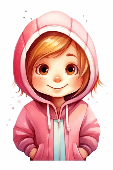 4 year old cartoon Pretty, cute cartoon chubby girl, wearing pink hoodie with mischievous smile. The lips curl slightly upwards, forming a grin and harboring secret with the hand high up to the sky. Pixar childrens book cartoon style, detailed, modern, urban, watercolor, full color, flat color, white background, children book illustration. Watercolor clipart. Pixar animation