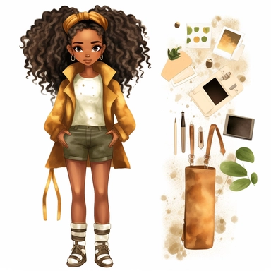pretty African American girl water color character clipart, cute girl wearing modern style clothing realistic digital art, white background, s1000