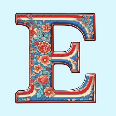 isolated flat clipart on a white background of a cute letter E on a blue background and red horizontal stripes tshirt design graphic, in the style of daniel f. gerhartz, transcendent, nikon d850, art of burma, captures the essence of nature, in the style of organic forms and patterns, expansive skies, hyper-detailed illustrations, i can't believe how beautiful this is, lively colors