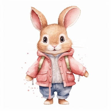 Watercolor svg clipart of a cute cartoon adorable Peter rabbit kawaii animal, illustration by Beatrix potter , pastel pink jacket, png isolated on white background