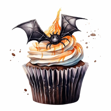 delicious black halloween cupcake with orange swirly icing and a bat, spider, spooky, watercolour illustration clipart, extremely detailed, 4k, high quality, isolated on white background watercolour