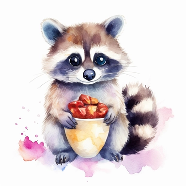 cute smiling watercolor raccoon holding food, white background, clipart, 8k resolution, high saturation, juicy colors, unreal engine