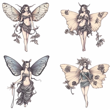 Clipart of summer fairy butterflies and flowers, in the style of watercolour, clean outline, magical, enchanted,