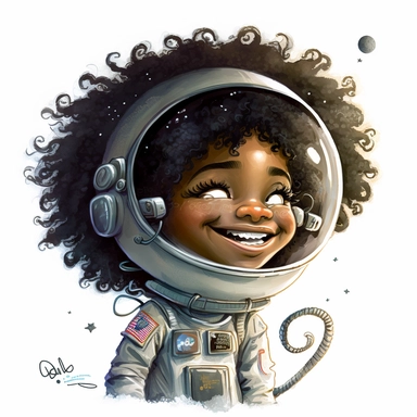 Happy Black Girl Astronant on the moon ,Cheer full , Curly hair, Black Girl clipart, Funny African American Girl , Humorous , funny , smiling in outter space, wearing a spacesuit , moon child png, Highly detailed close-up portrait , African american Astronaut Girl , Black Girl on the moon , , standing on the moon , Nicoletta Ceccoli, Mark Ryden, lostfish, Earl Nor, global lighting, divine rays, detailed and intricate surroundings, sf, intricate artwork masterpiece, ominous, matte painting movie 
