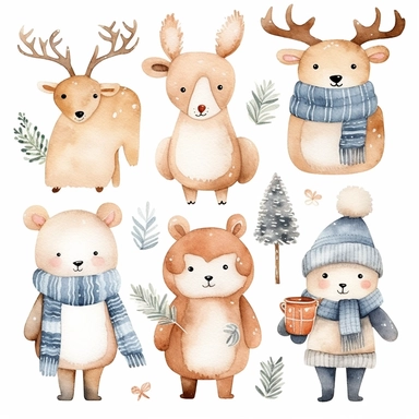 Watercolor collection clipart winter elements snowflakes, kawaii reindeer, ice skating, scarf, neutral colors, no background