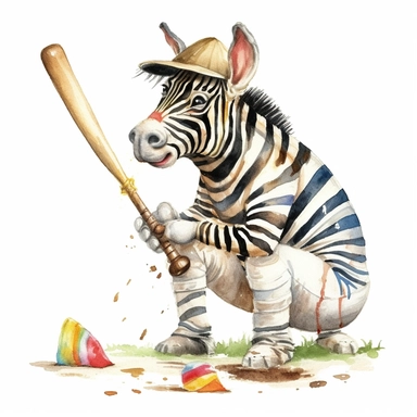 Watercolor Clipart Cute Zebra playing cricket, Neal Adams