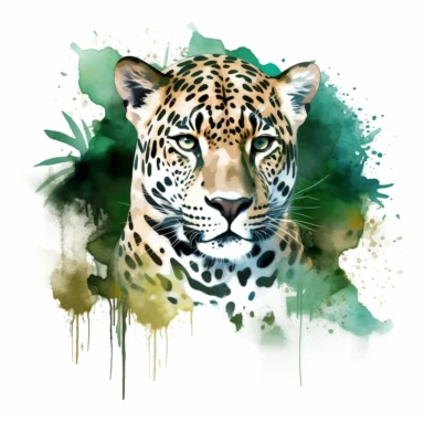 watercolor clipart, white background, Design a printable featuring a stunning jaguar, showcasing its wild beauty amidst the rainforest