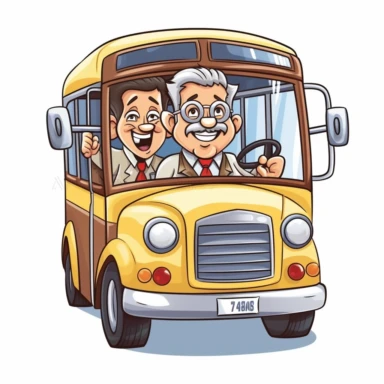 cute 2d clipart of an older male bus driver with grey hair and grey mustache, with both of his hands on the steering wheel, happily driving children to school, white background