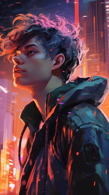 beautiful stunning pretty vintage cyberpunk anime young man, paint art style, clipart, city landscape background, superrealistic, one of a kind